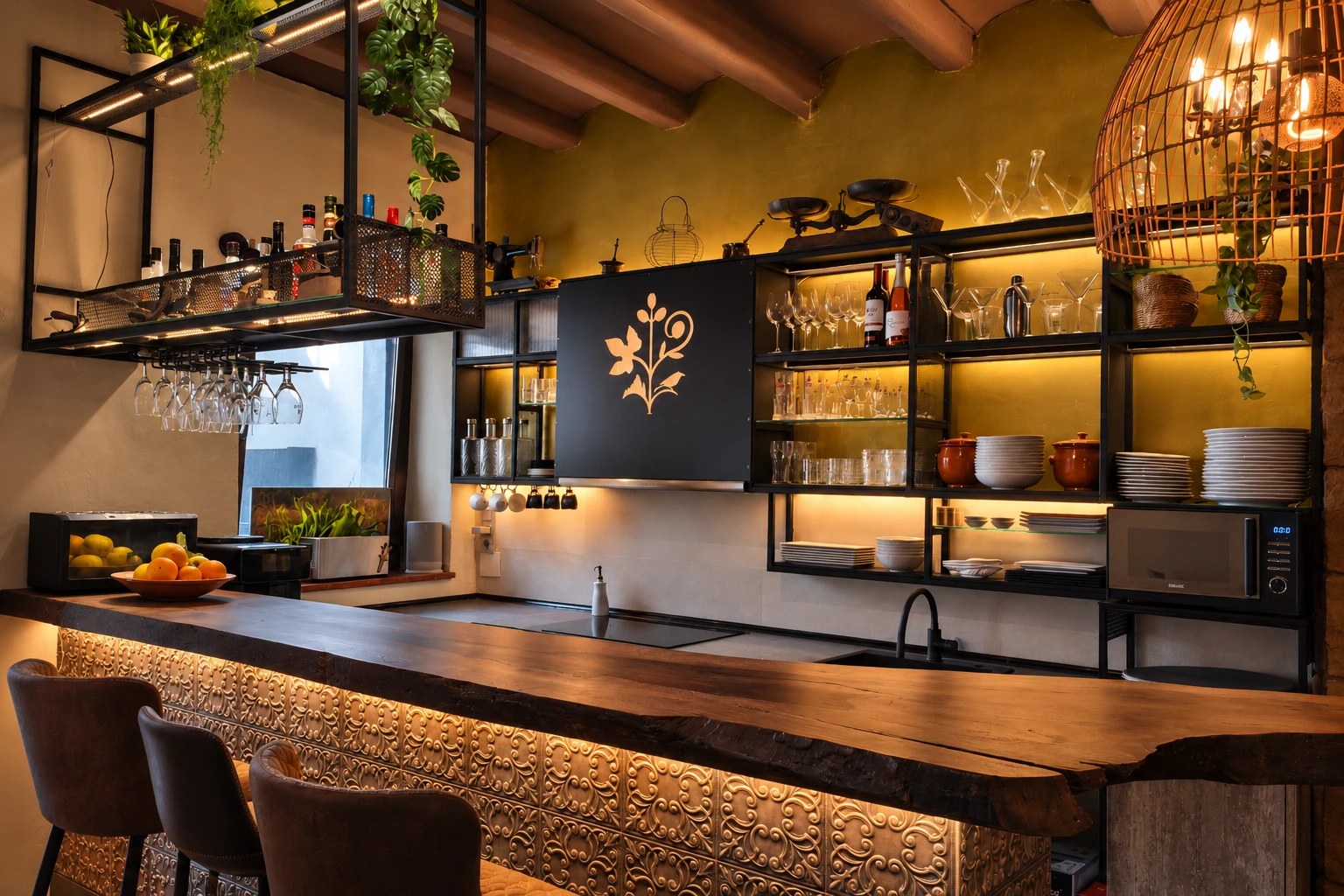 Barra del restaurant amb taulell de fusta, prestatges il·luminats i el segell de La Casa Vella
